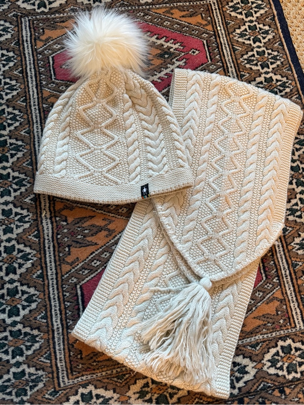 Smartwool Cream Cable Knit Beanie with Pom and Matching Scarf